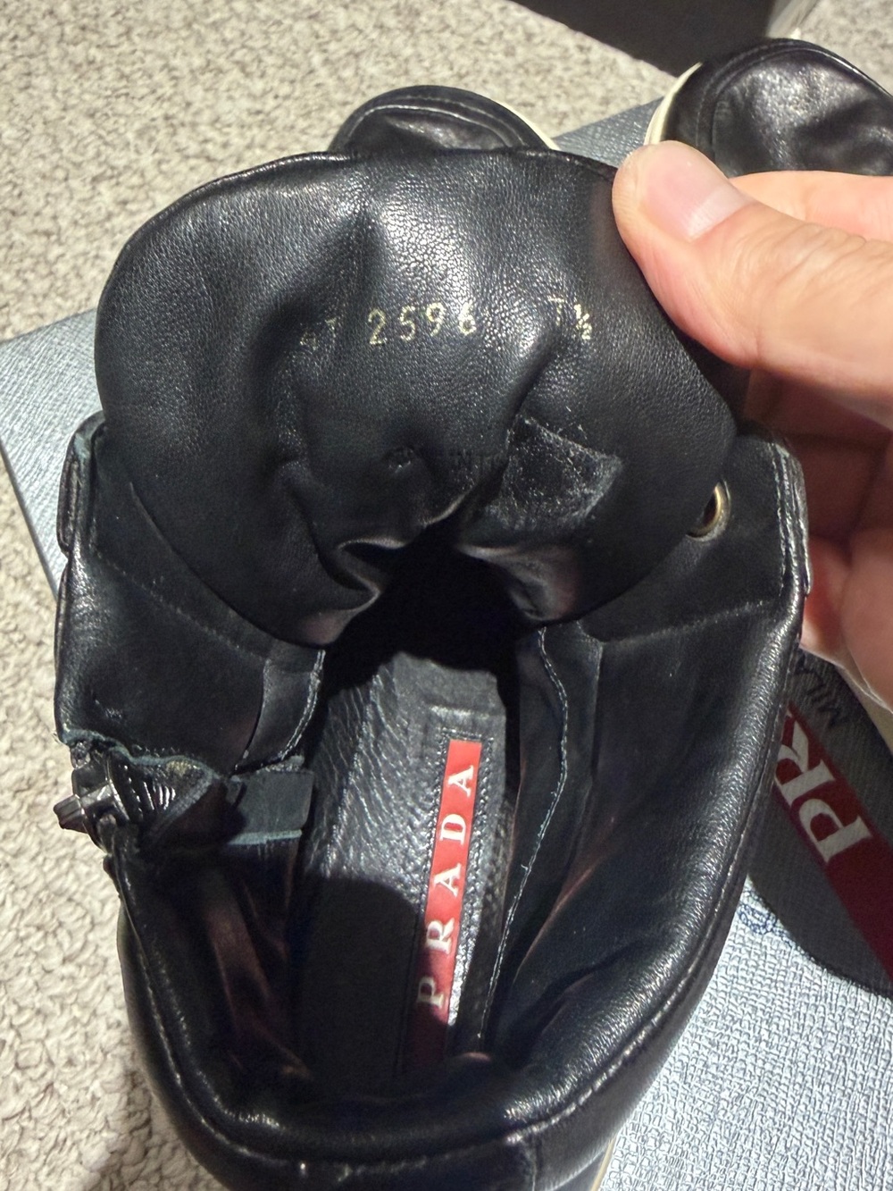 Prada Black Leather High-Top Sneakers with Red Logo Stripe - Picture 5 of 5
